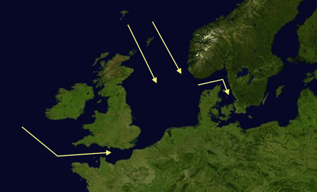 Schematische Darstellung der Laufrichtung der Gezeitenwelle in der Nordsee