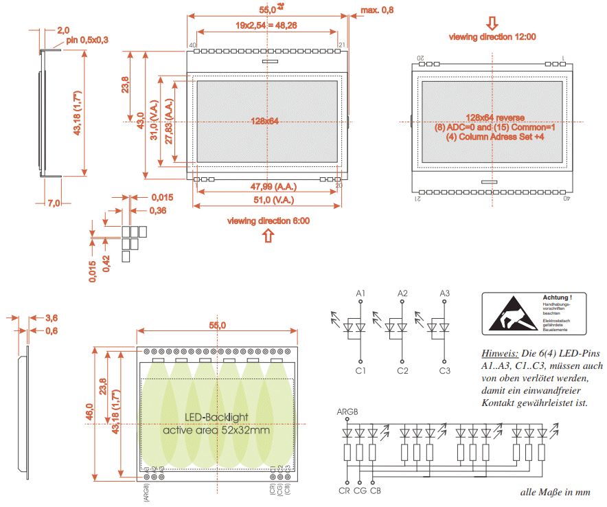 Abmessungen und Hintergrundbeleuchtung des EA DOGM128x-6 Grafik-LCD-Displays