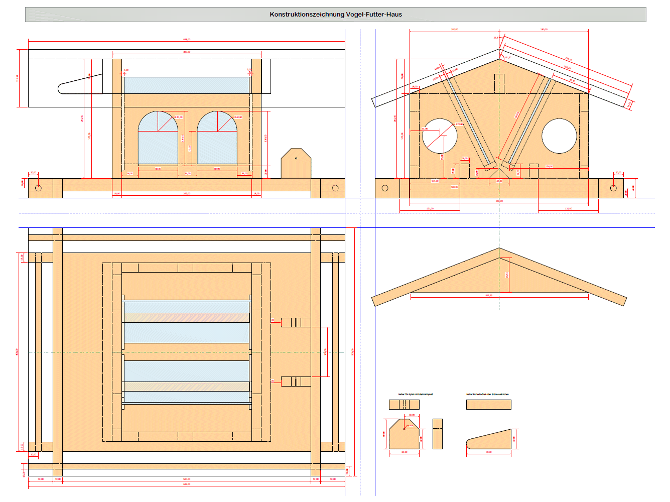 Vogelfutterhaus Konstruktion in 3-Tafel-Projektion